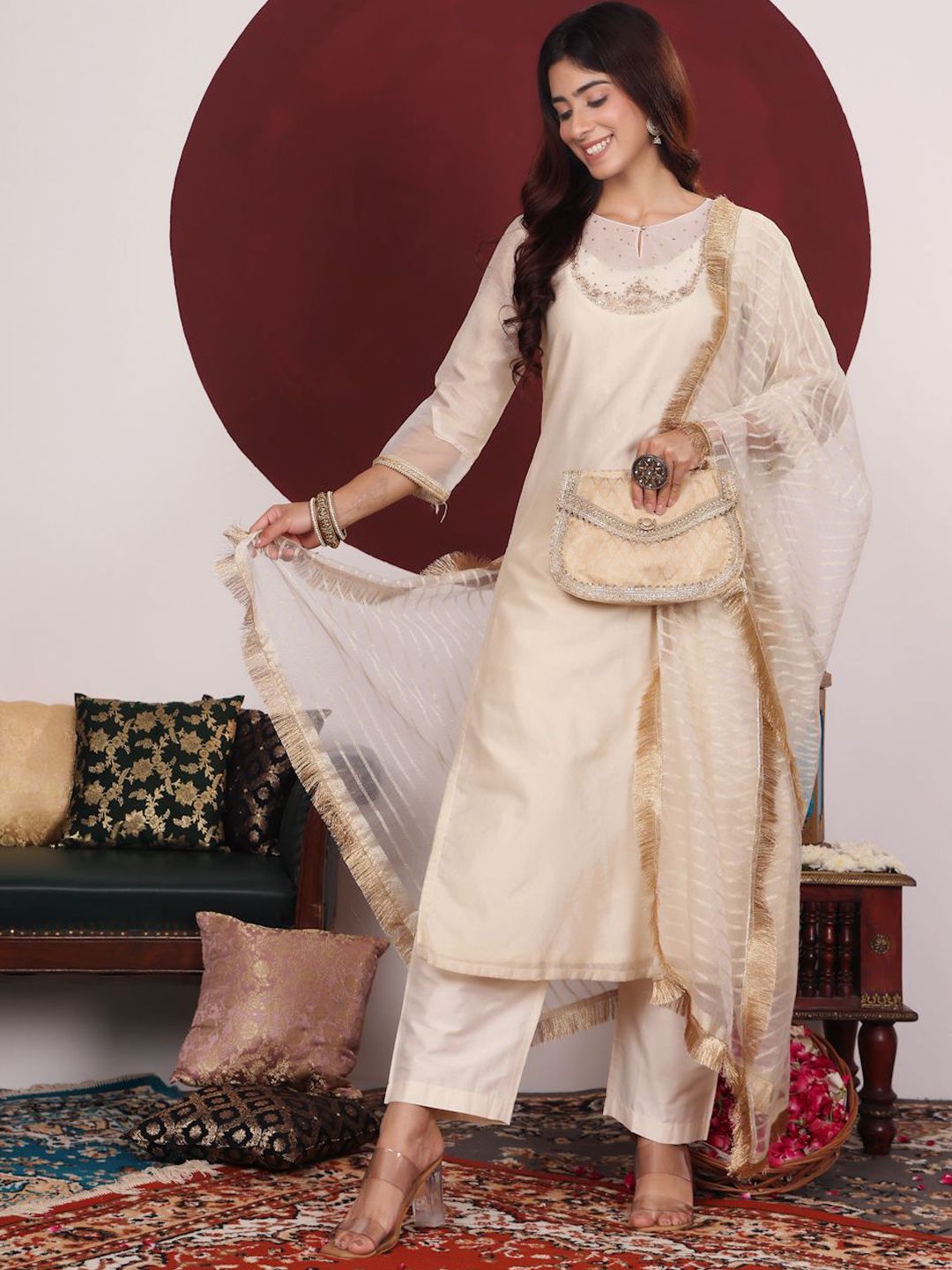 Dhiyona VA Women'sFloral Yoke Design Sequinned Keyhole Neck Straight Kurta With Trouser & Dupatta