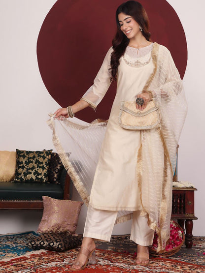 Dhiyona VA Women'sFloral Yoke Design Sequinned Keyhole Neck Straight Kurta With Trouser & Dupatta