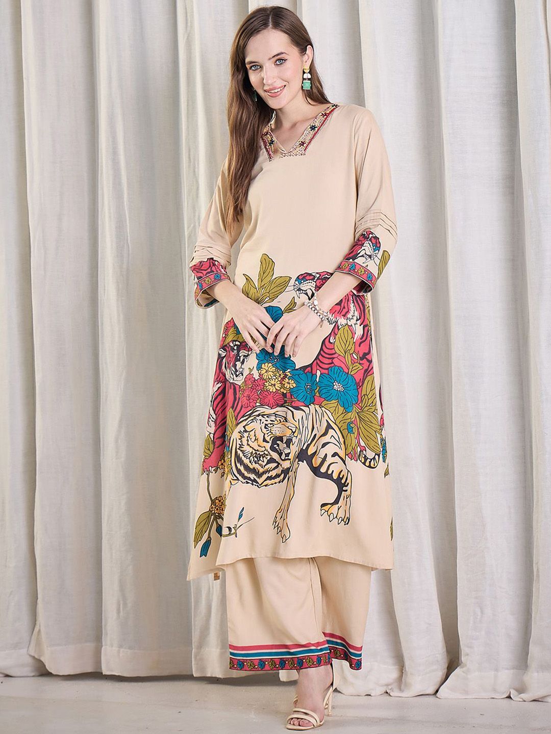 Dhiyona IE Printed Pure Cotton V-Neck Top With Palazzos Co-Ords