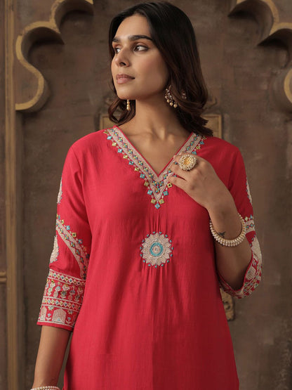 Floral Embroidered V-Neck Mirror Work Straight Kurta With Trousers