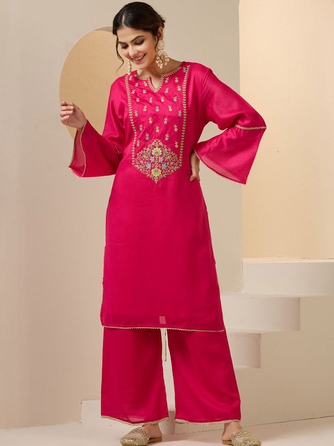 Dhiyona IS Women's Floral Embroidered Yoke Design Notch Neck Kurta With Palazzos And Dupatta