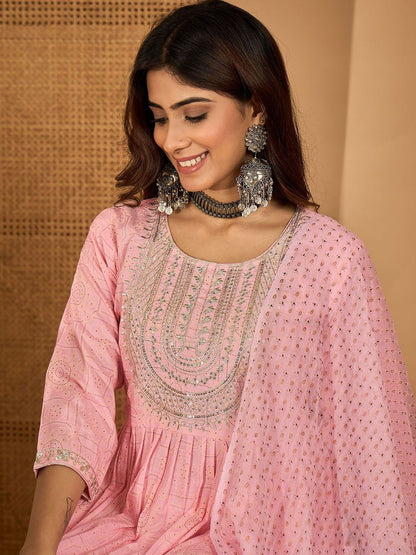 Dhiyona SN Women's Floral Embroidered Sequinned A-line Kurta With Trousers & Dupatta