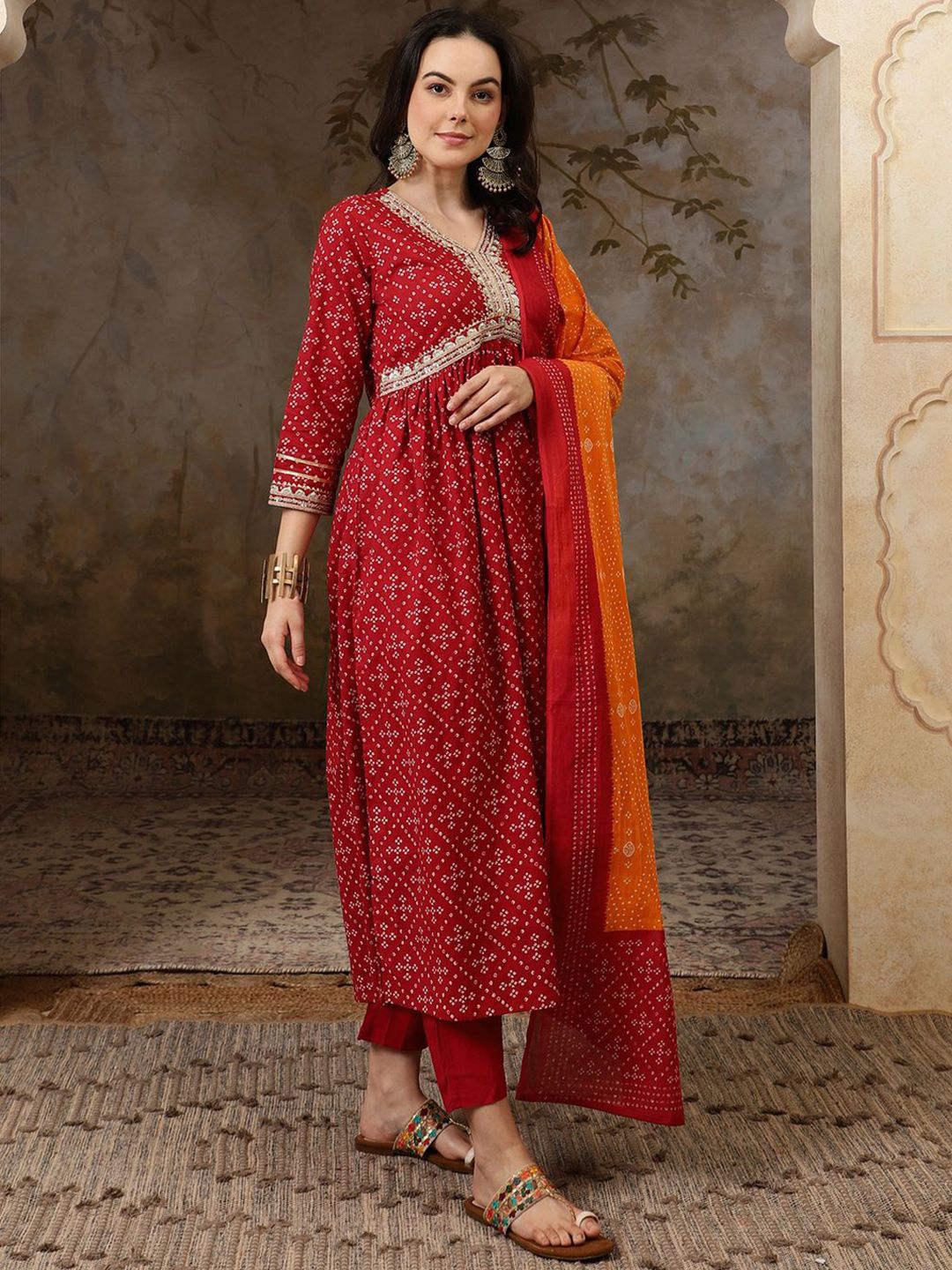 Dhiyona SN Women's Bandhani Printed V Neck Pure Cotton A Line Kurta & Trousers With Dupatta