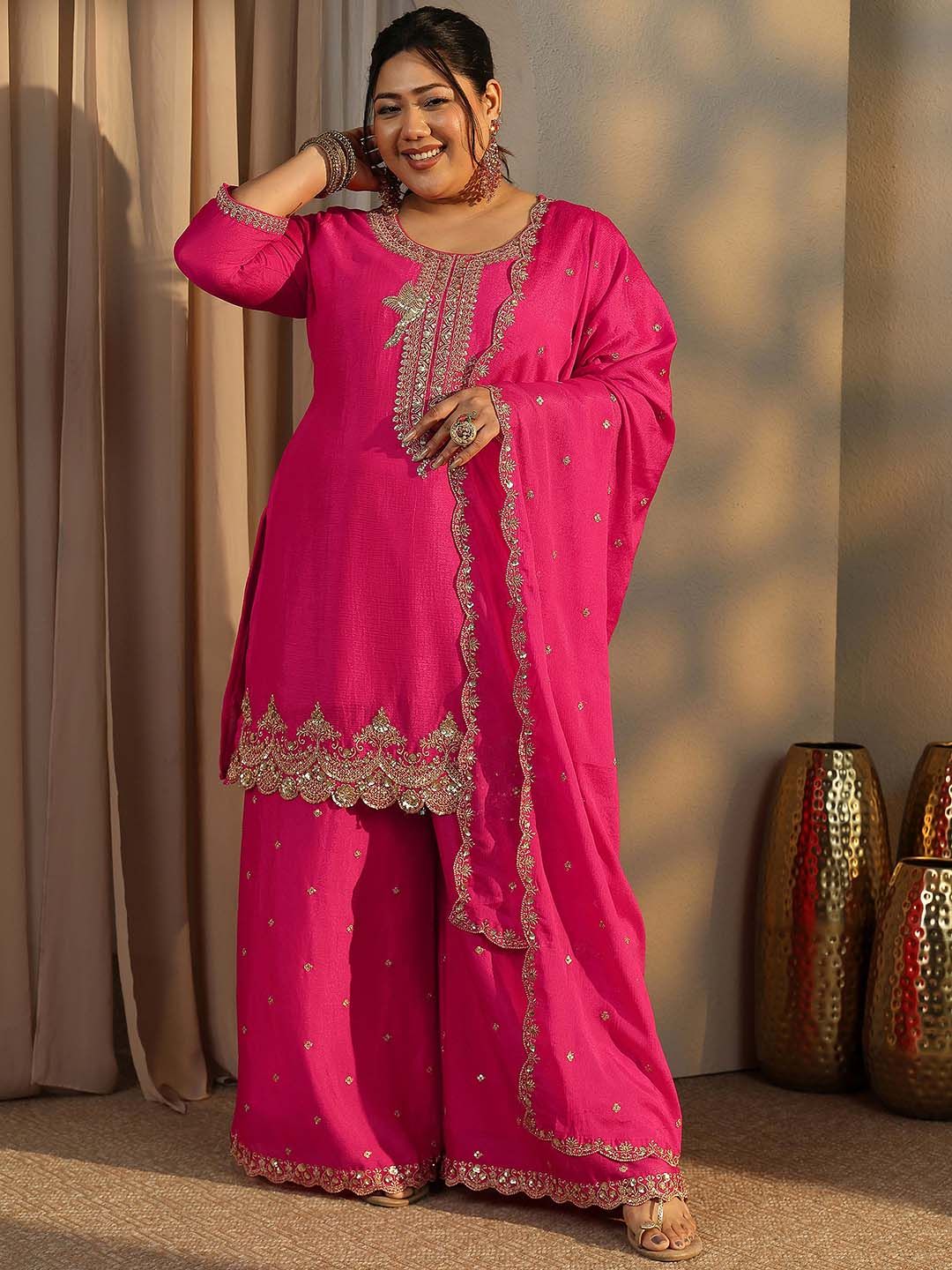 Dhiyona Women's Plus Size Ethnic Motifs Embroidered Kurta with Palazzo & Dupatta