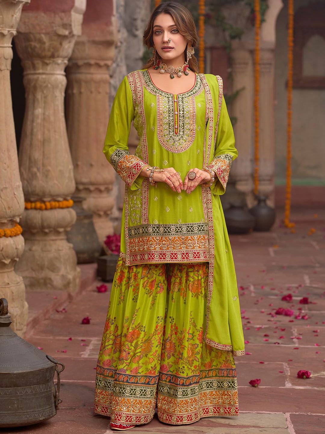 Dhiyona IE Floral Embroidered Sequinned Chinon Straight Kurta With Sharara & Dupatta