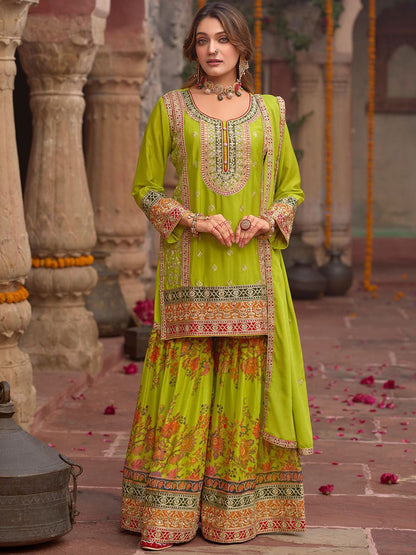 Dhiyona IE Floral Embroidered Sequinned Chinon Straight Kurta With Sharara & Dupatta