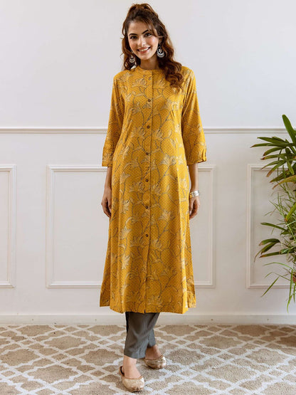 Dhiyona SN Women's Floral Printed Mandarin Collar Pure Cotton Straight Kurta & Trousers