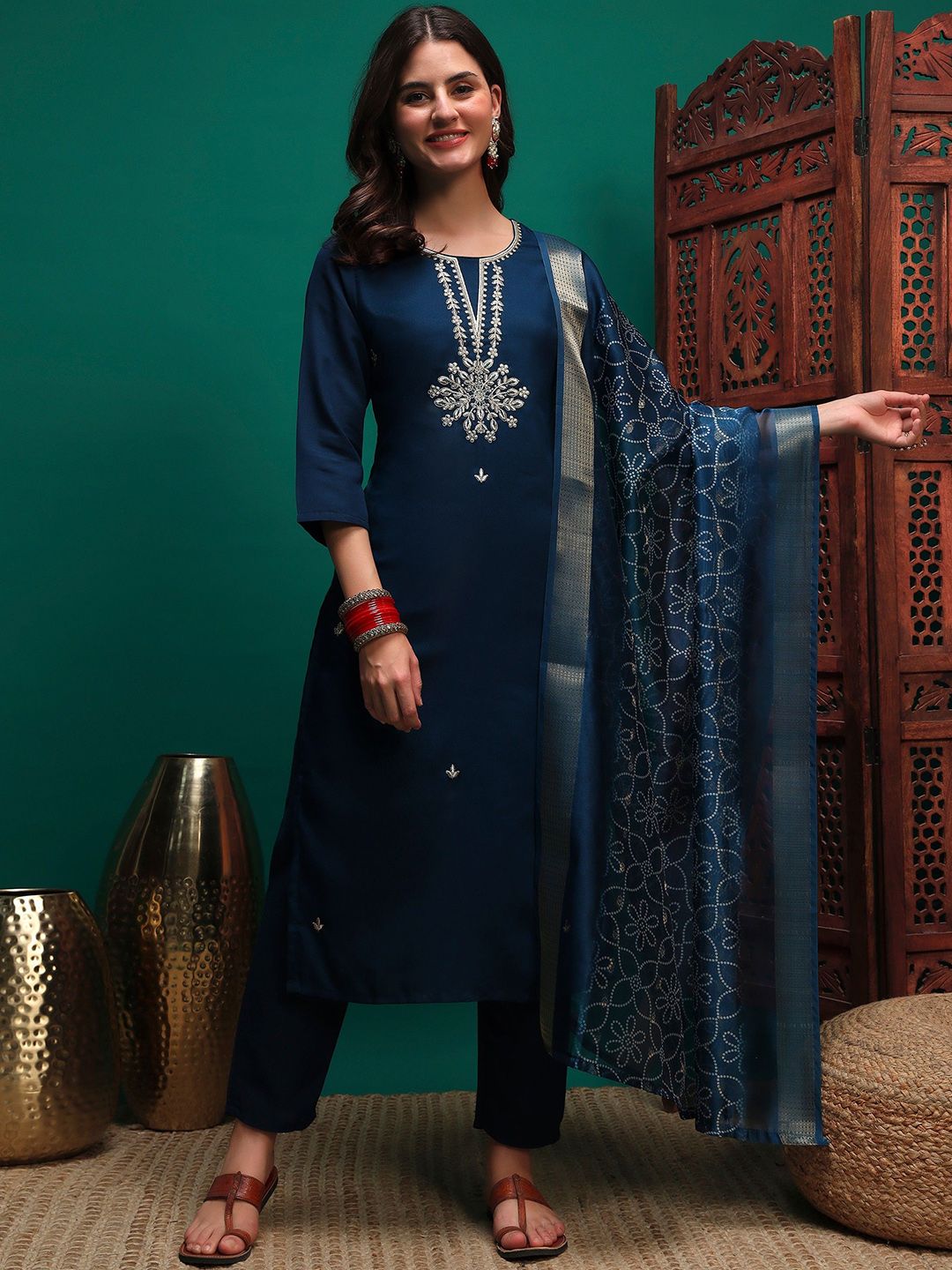 Dhiyona SN Women's Sequin Embroidered Straight Kurta & Trousers With Dupatta