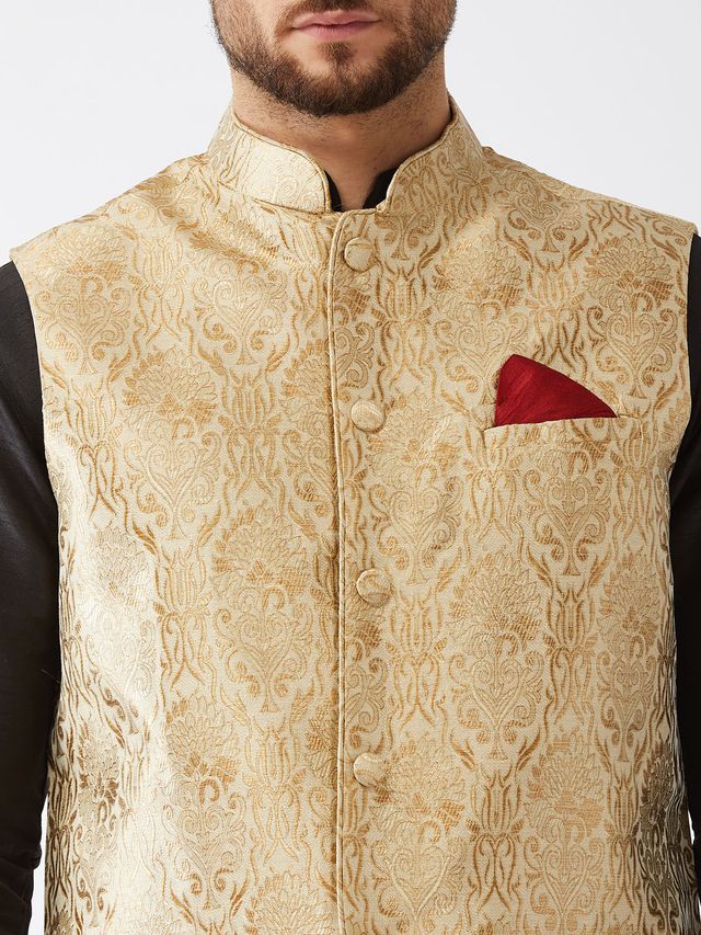 Men's Black Silk Blend Straight Jacket  Kurta and Dhoti Set