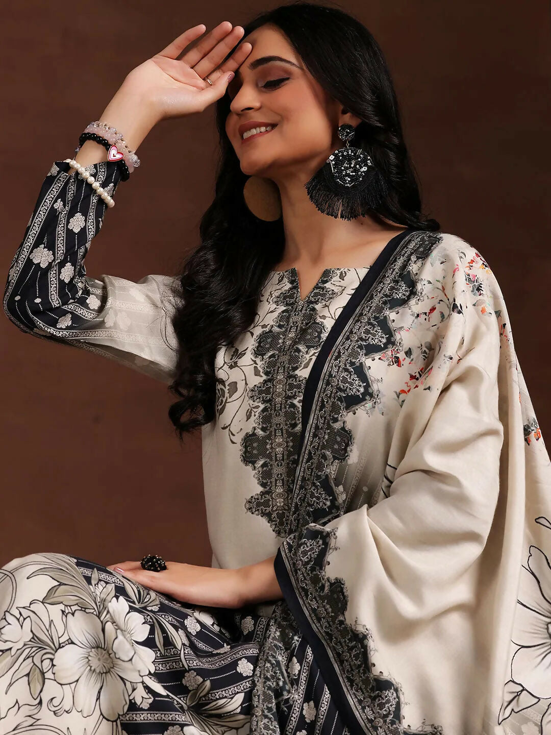 Women's LB Monochrome Printed Silk Blend Straight Suit With Dupatta