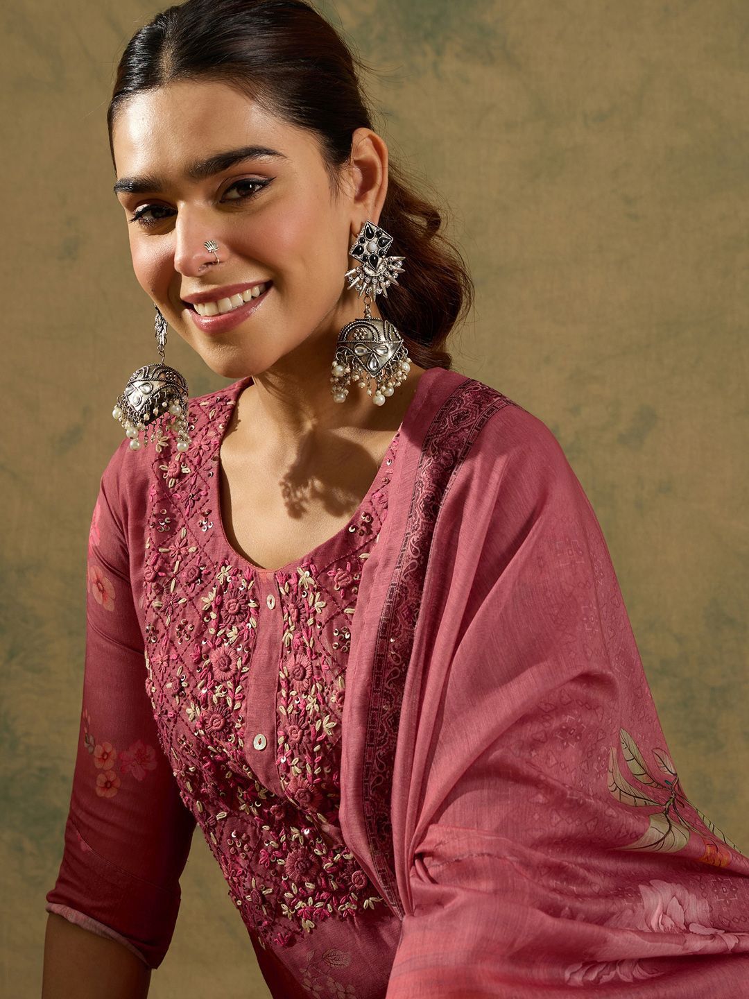 Floral Printed Thread Work Chanderi Silk Straight Kurta with Trouser & Dupatta