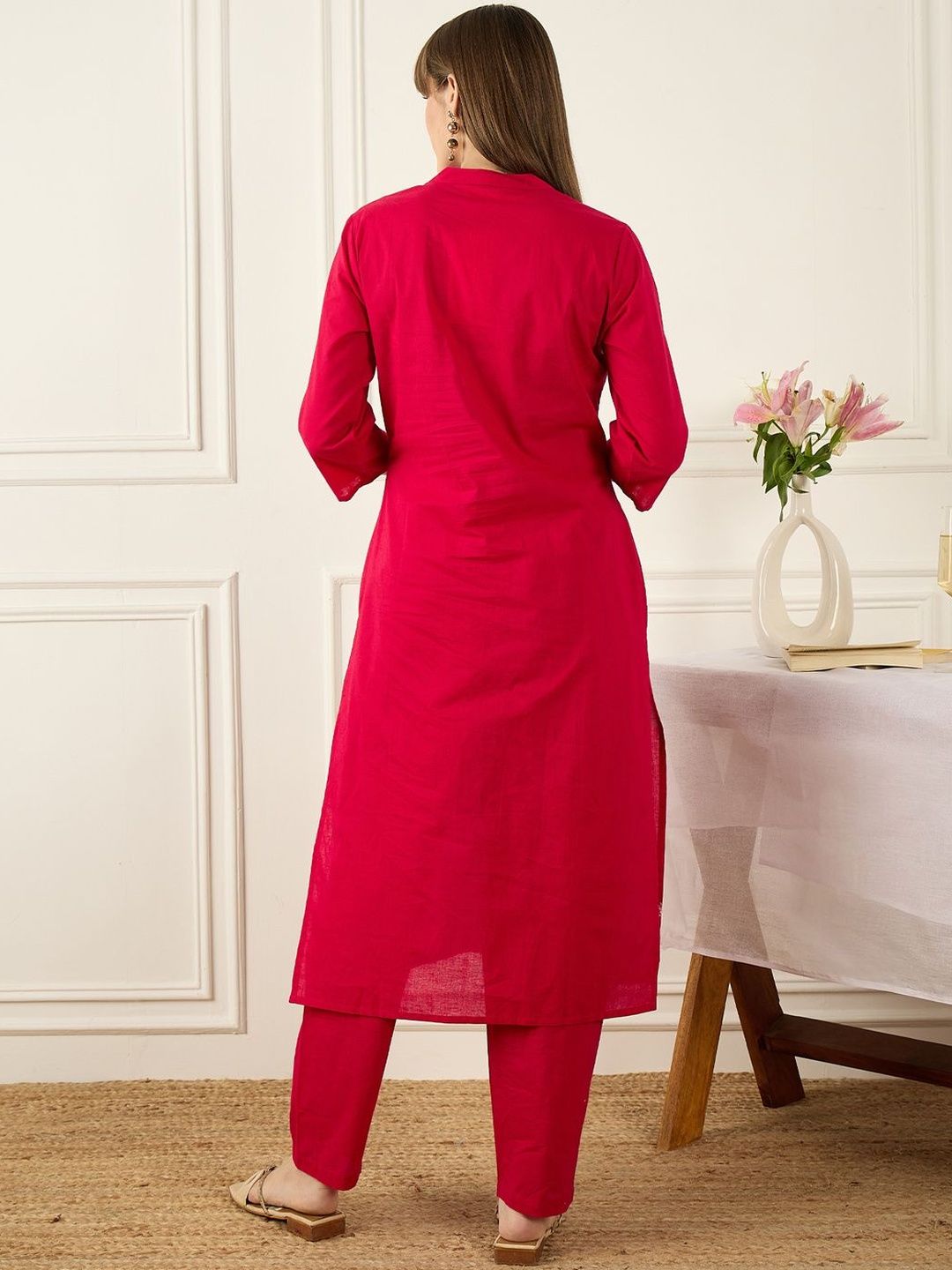 Dhiyona IE Embroidered Mandarin Collar Three-Quarter Sleeves Pure Cotton Tunic And Trousers