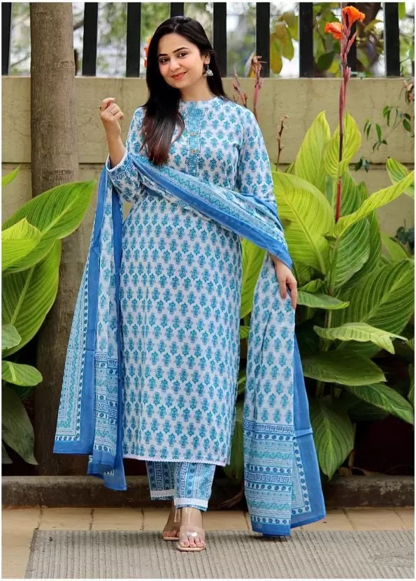 Women White Printed Pure Cotton Kurta, Pant And Dupatta Set