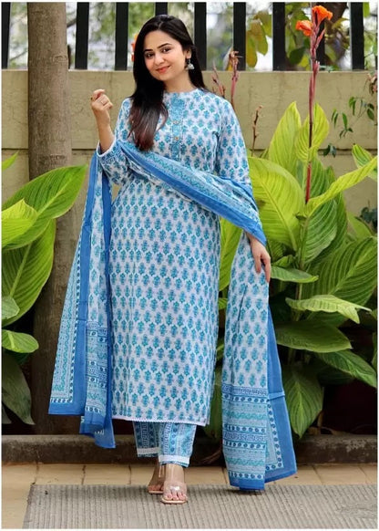 Women White Printed Pure Cotton Kurta, Pant And Dupatta Set