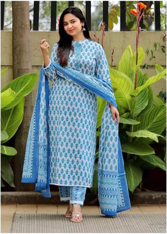 Women White Printed Pure Cotton Kurta, Pant And Dupatta Set