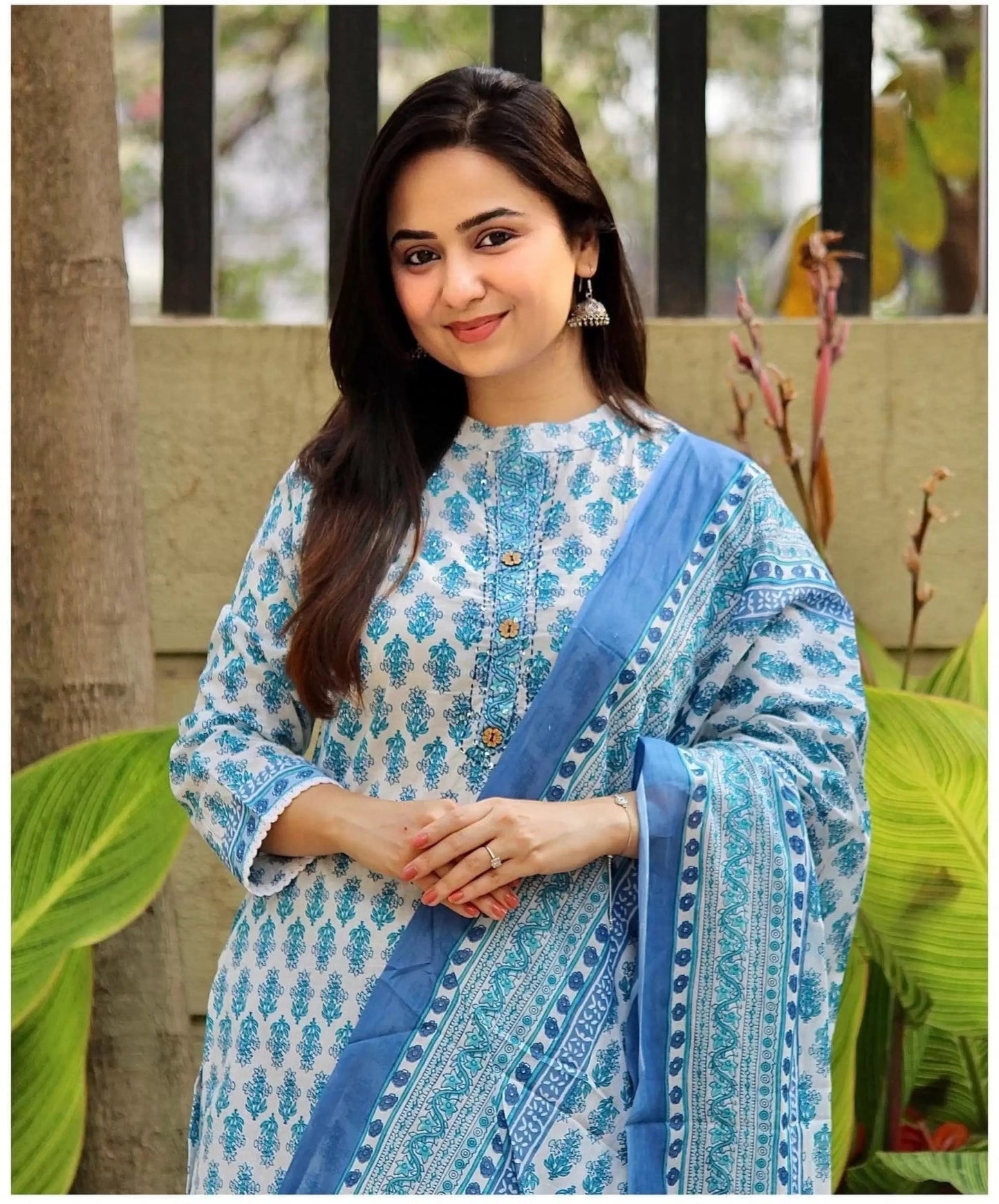 Women White Printed Pure Cotton Kurta, Pant And Dupatta Set