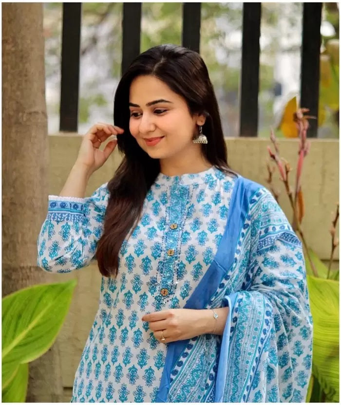 Women White Printed Pure Cotton Kurta, Pant And Dupatta Set
