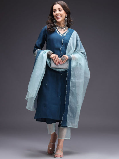 Dhiyona SN Women's Geometric Embroidered Kurta with Trousers & Dupatta