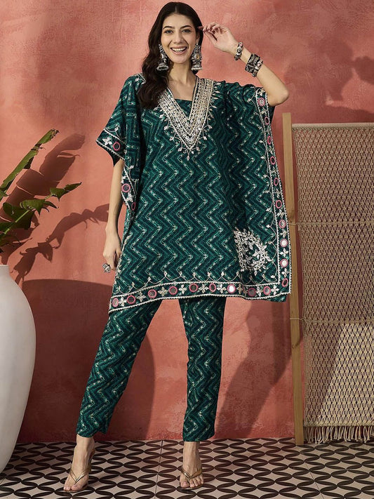 Dhiyona IS Women's Women Mirror Work Kurta with Trousers