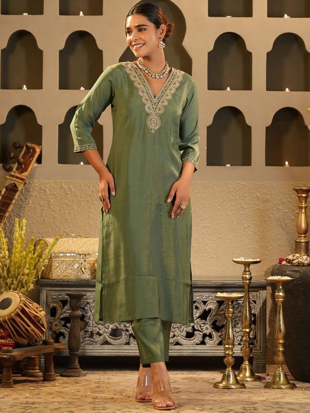 Women Woven Design Embroidered Kurta with Trousers