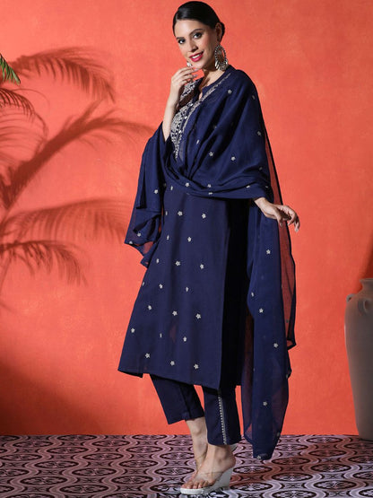 Dhiyona SN Women's Floral Embroidered Mandarin Collar A-Line Kurta With Trousers & Dupatta