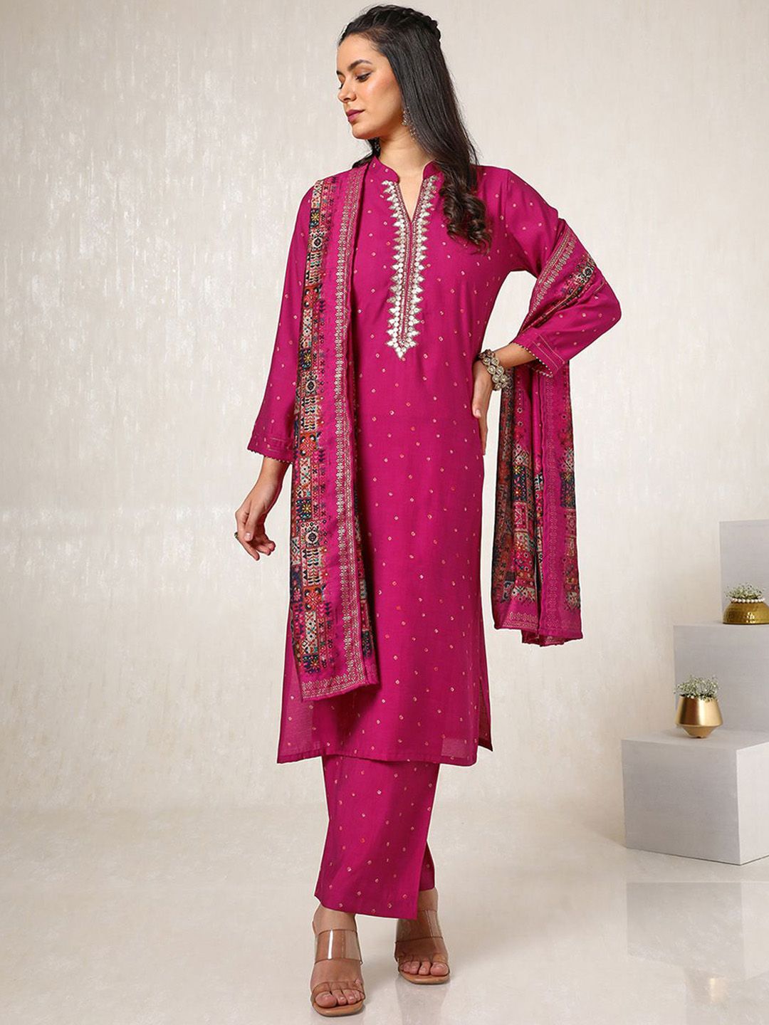 Dhiyona SO Women's Geometric Printed Straight Kurta with Palazzos & Dupatta