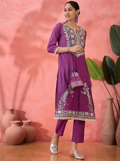 Dhiyona SN Women's Embroidered Straight Kurta & Trousers With Bag