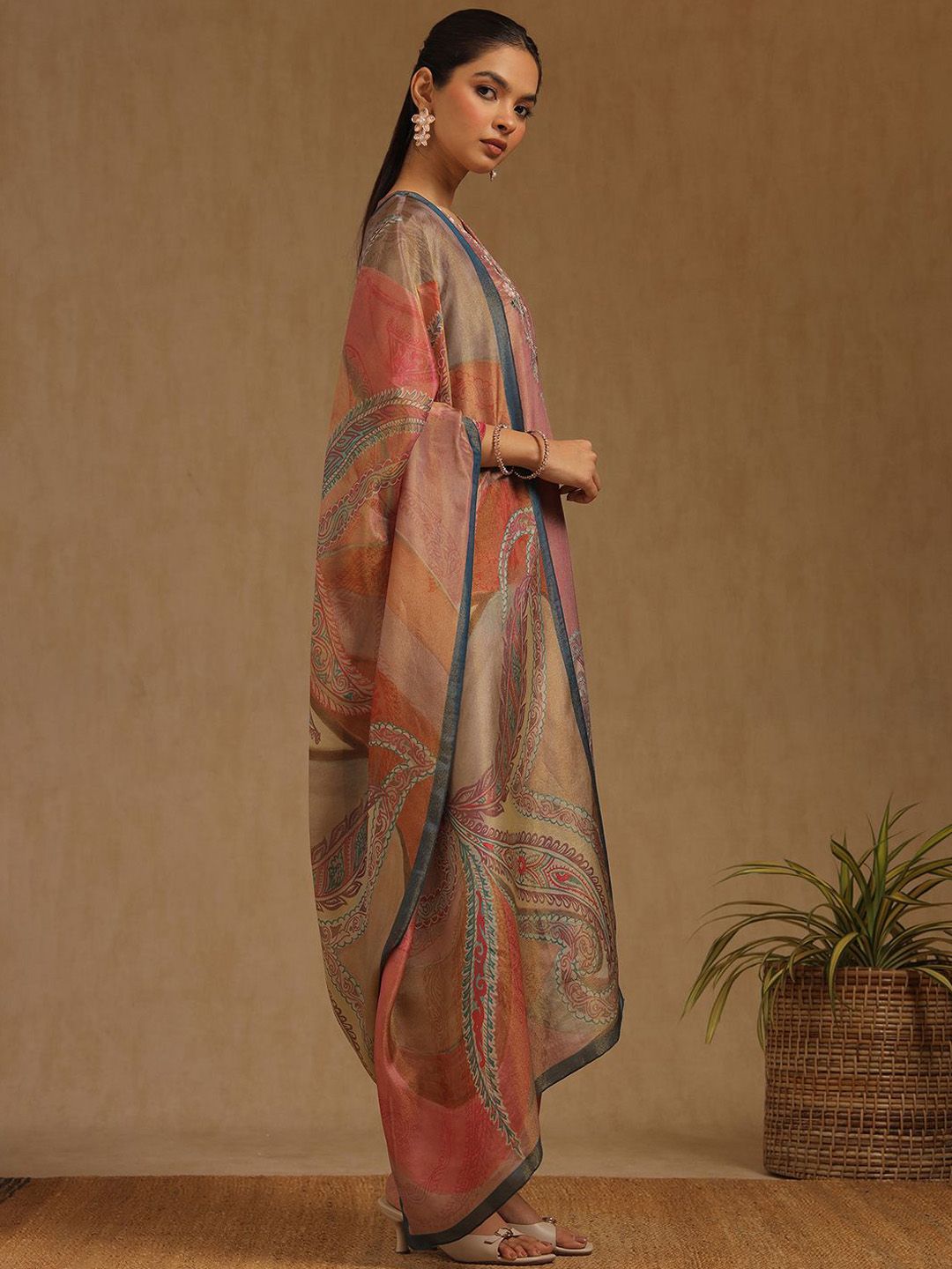 Dhiyona SO Women's Floral Printed V-Neck Beads And Stones Straight Kurta With Trousers And Dupatta