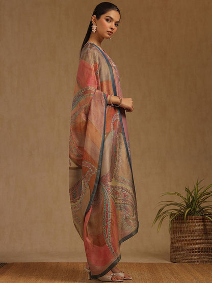 Dhiyona SO Women's Floral Printed V-Neck Beads And Stones Straight Kurta With Trousers And Dupatta