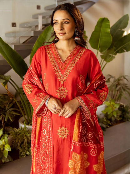 Bandhani Embroidered Straight Sequinned Kurta With Palazzos & Dupatta
