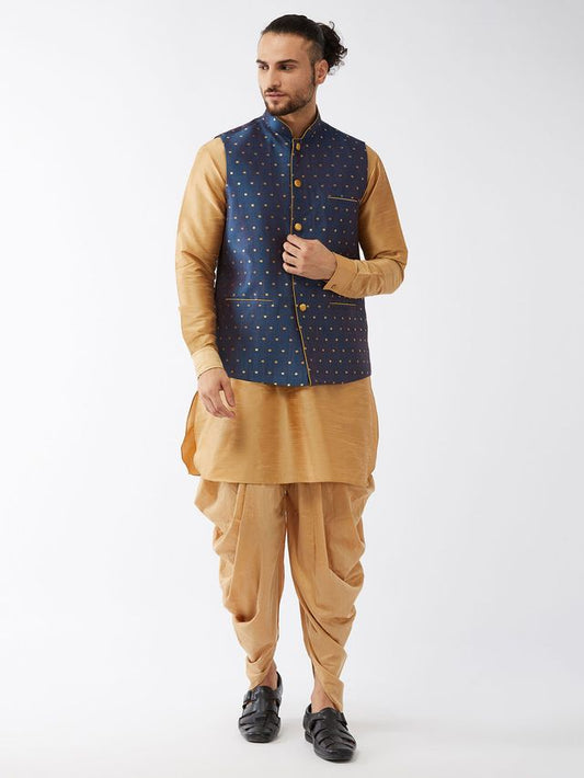Men's Rose Gold Silk Blend Straight Jacket  Kurta and Dhoti Set