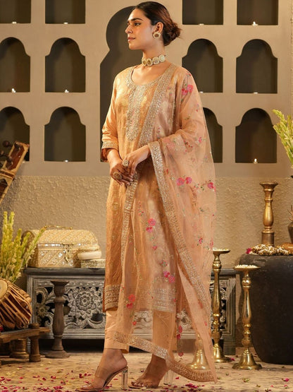 Ethnic Motifs Woven Design Zari Round Neck Straight Kurta & Trousers With Dupatta