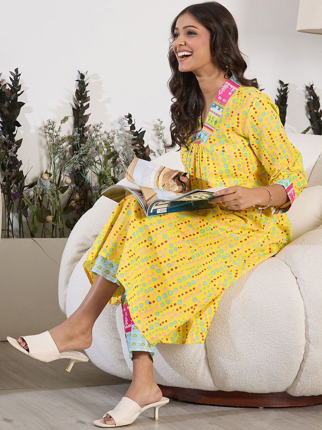 V-Neck Printed Pure Cotton A-Line Kurta with Trousers