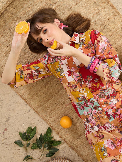 Dhiyona IE Floral Printed Pure Cotton Shirt Collar Tunic With Trousers