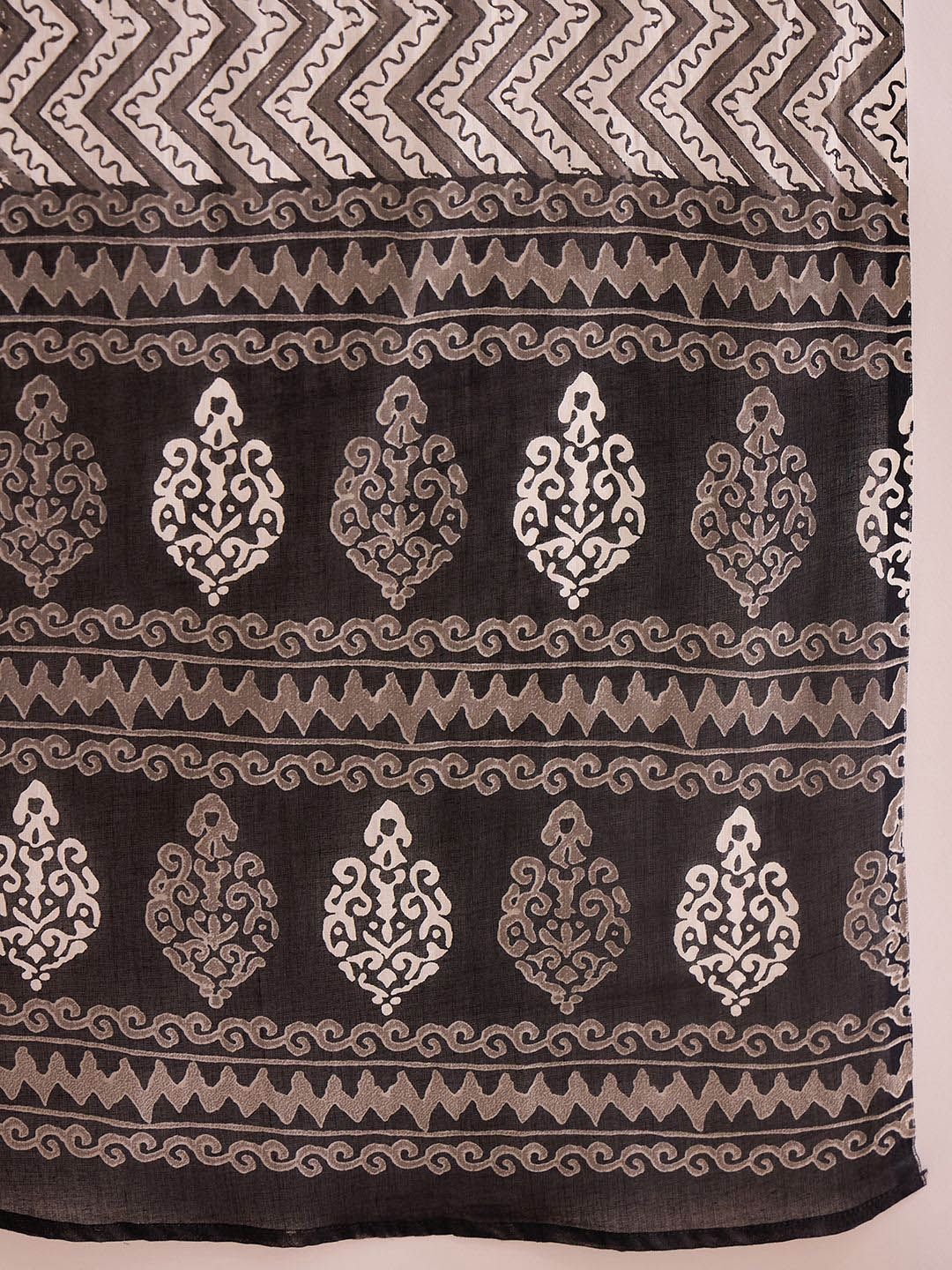 Dhiyona IE Black Geometric Printed V-Neck Pure Cotton Straight Kurta with Salwar & Dupatta