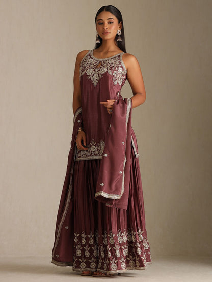 Dhiyona SO Women's Floral Embroidered Chinon Shoulder Straps Straight Kurta with Palazzos & Dupatta