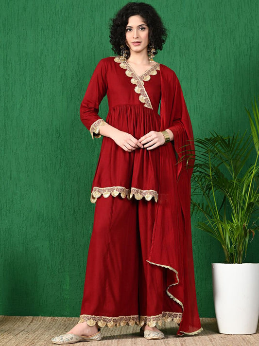 Dhiyona SN Women's Lace Detail V-Neck Pleated Anarkali Kurta With Trouser & Dupatta