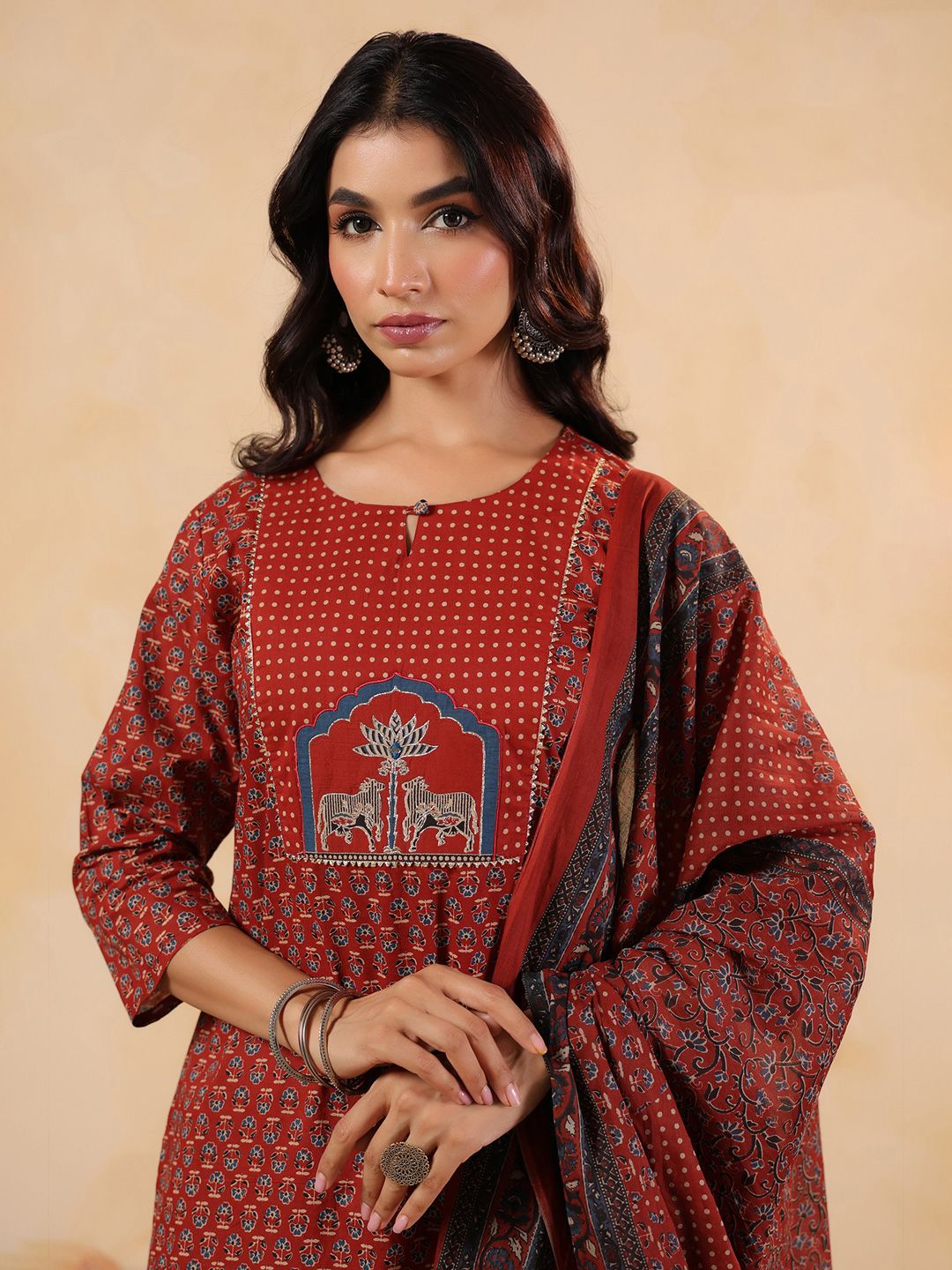 Women Ethnic Motifs Printed Cotton Kurta with Trousers & Dupatta