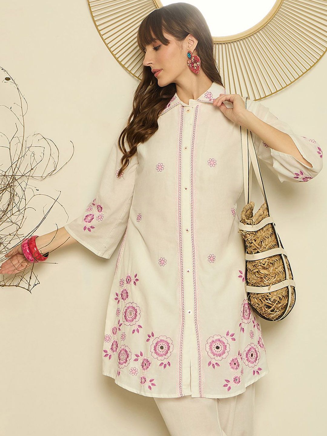 Dhiyona IE Women Embroidered Shirt Collar Cotton Top and Trousers Co-Ords