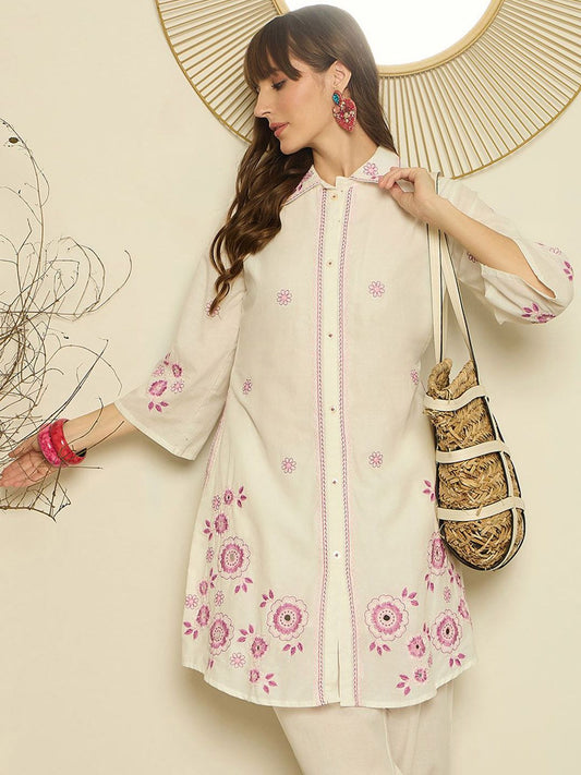 Dhiyona IE Women Embroidered Shirt Collar Cotton Top and Trousers Co-Ords