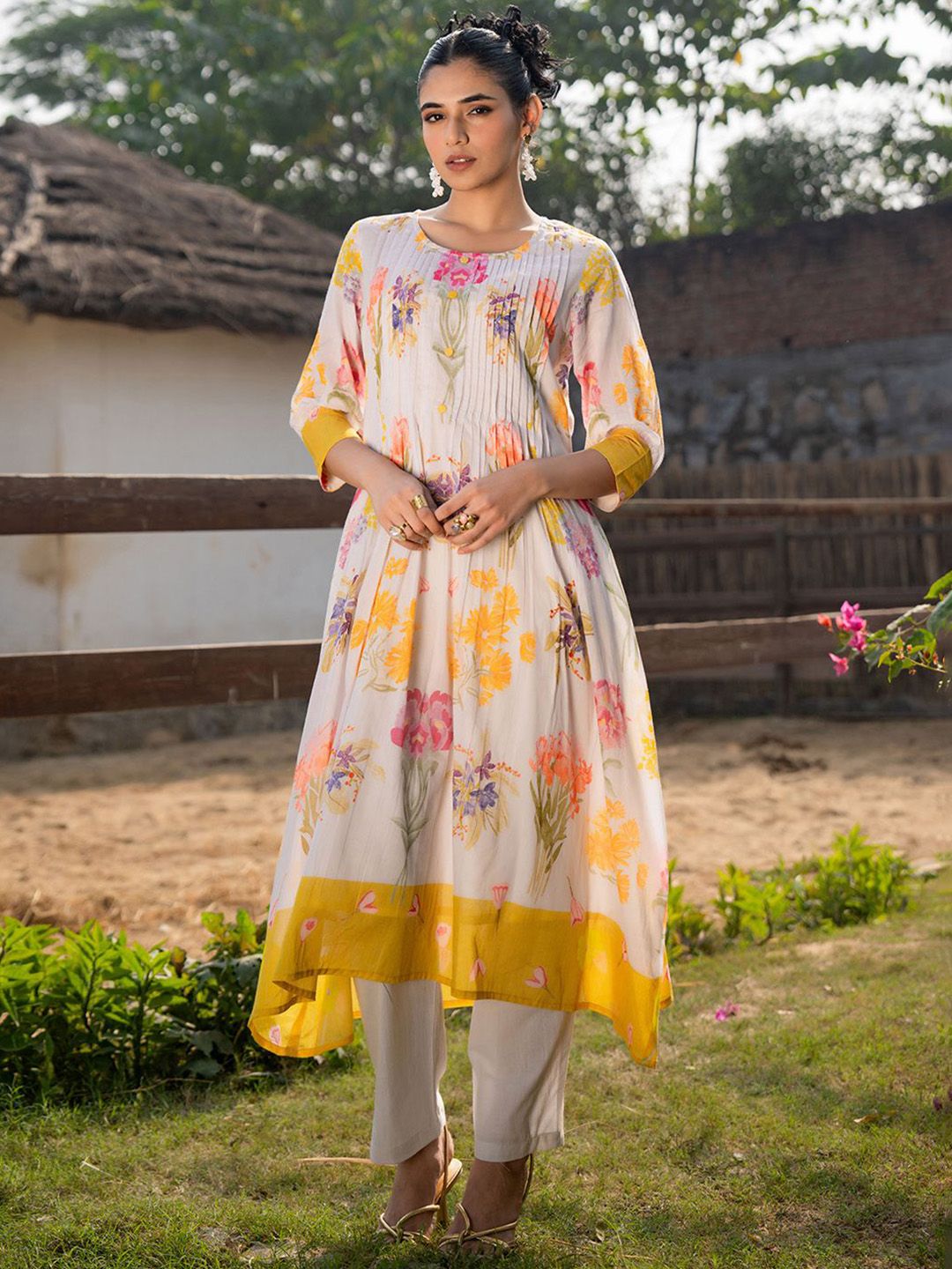 Dhiyona IE Floral Printed Pleated Pure Cotton A-Line Kurta With Trousers