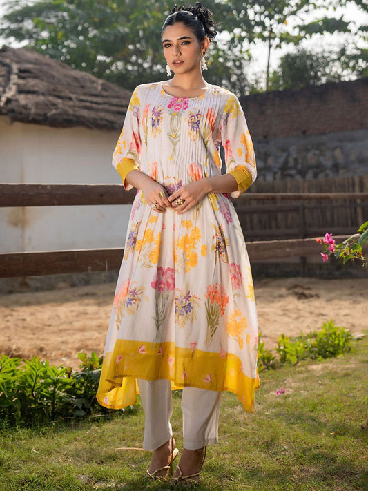 Dhiyona IE Floral Printed Pleated Pure Cotton A-Line Kurta With Trousers