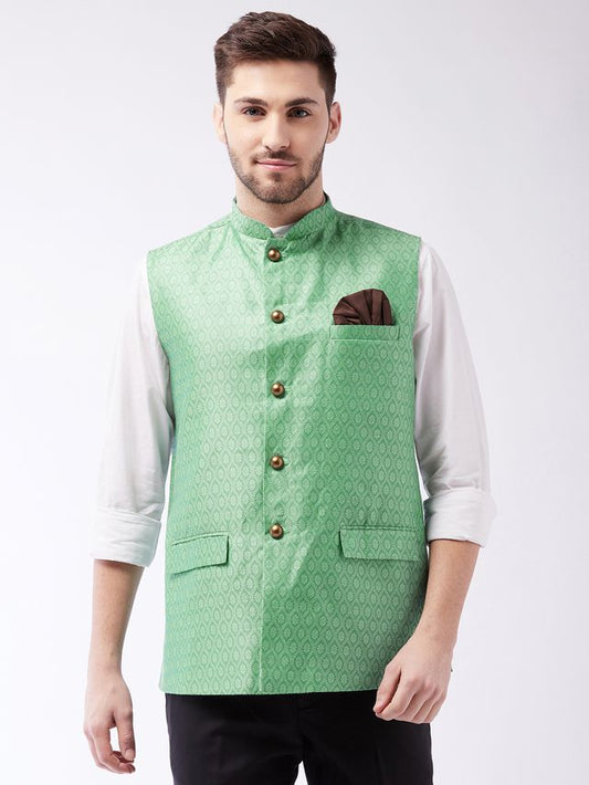 Men's Green Silk Blend Straight Nehru Jacket
