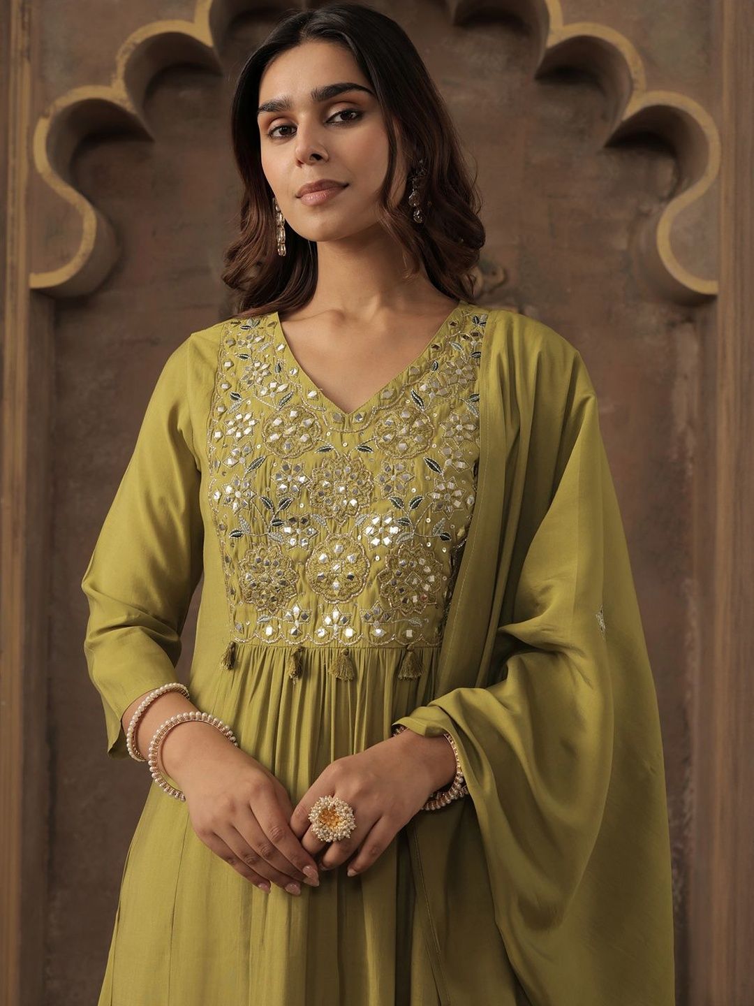Women Green Silk Blend Ethnic Motifs Empire Mirror Work Kurta Trousers & Dupatta