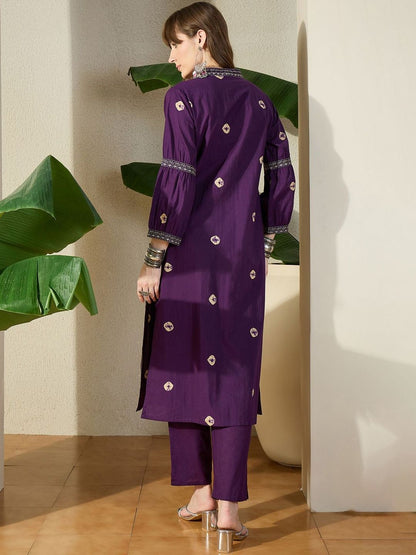 Women Ethnic Motifs Printed Regular Thread Work Pure Cotton Kurta with Trousers