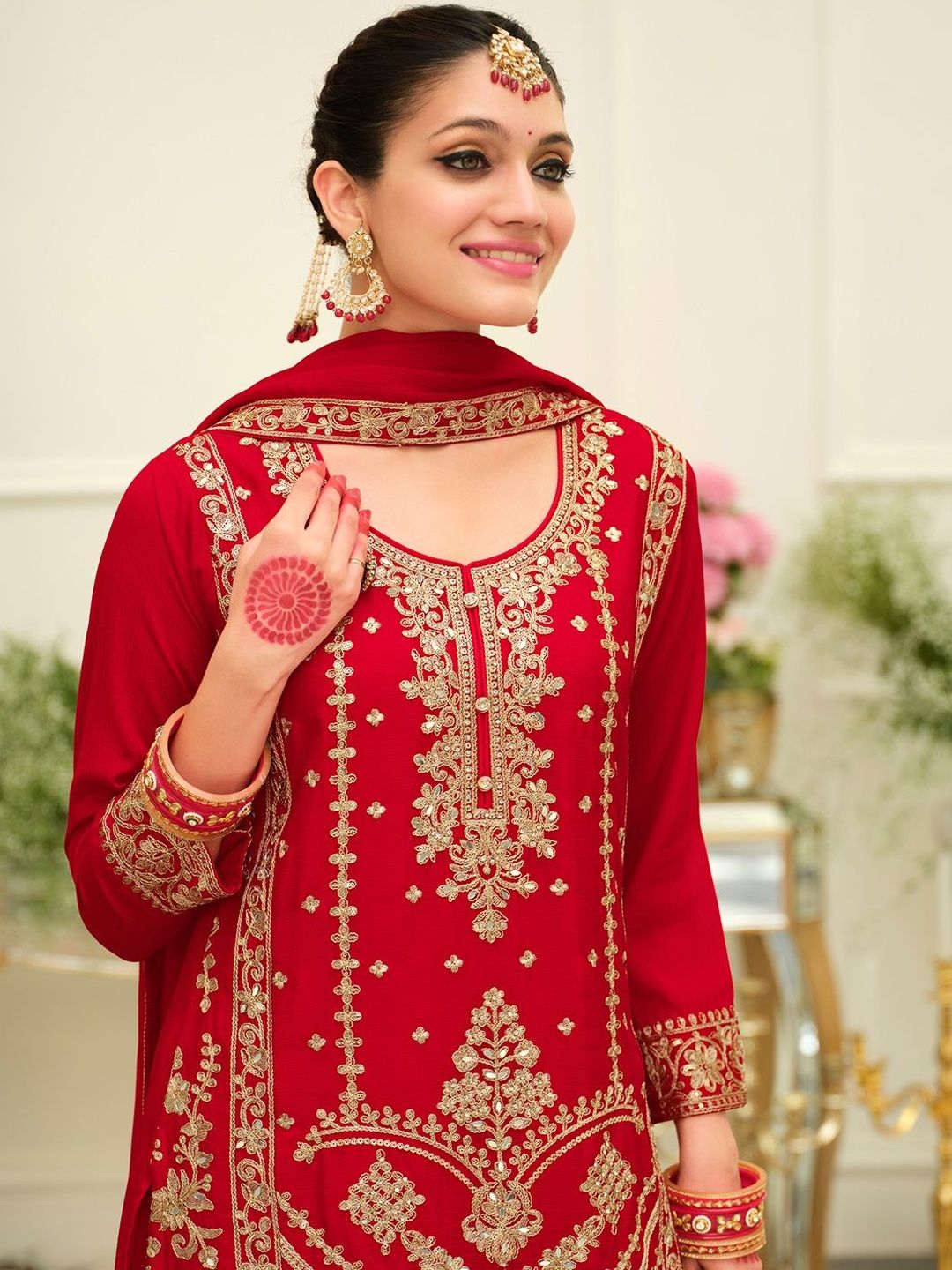 Ethnic Motifs Embroidered Mirror Work Straight Kurta & Palazzos With Dupatta