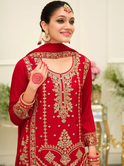 Ethnic Motifs Embroidered Mirror Work Straight Kurta & Palazzos With Dupatta