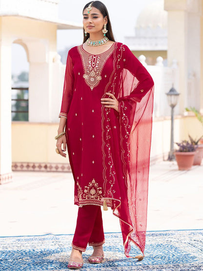 Dhiyona CH Embroidered Round Neck Thread Work Kurta With Trousers & Dupatta