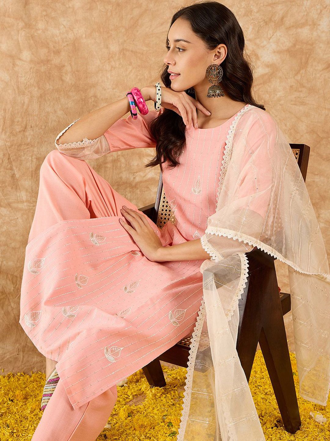 Ethnic Motifs Embroidered Sequinned Straight Kurta With Trousers & Dupatta