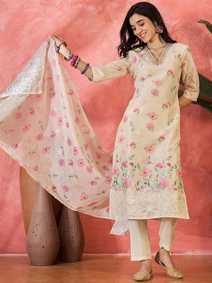 Dhiyona SN Women's Floral Printed Straight Kurta With Trouser & Dupatta